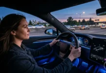 Водій за кермом автомобіля ввечері концентрується на дорозі.