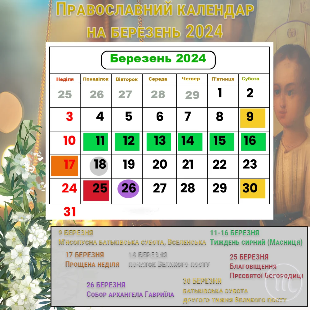 Новий православний церковний календар на березень 2024 року: коли святкуємо Благовіщення Діви Марії і дата початку Великого посту Свята - Новий православний церковний календар на березень 2024 року: коли святкуємо Благовіщення Діви Марії і дата початку Великого посту