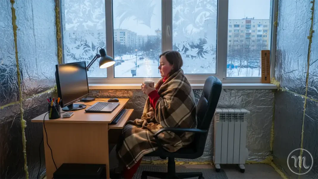 Чому Від Вікна Тягне Холодом Навіть Без Протягів: Секрети Теплового Комфорту Взимку Modista - Жіночий журнал Жінка працює за ноутбуком на балконі взимку загорнута у плед.