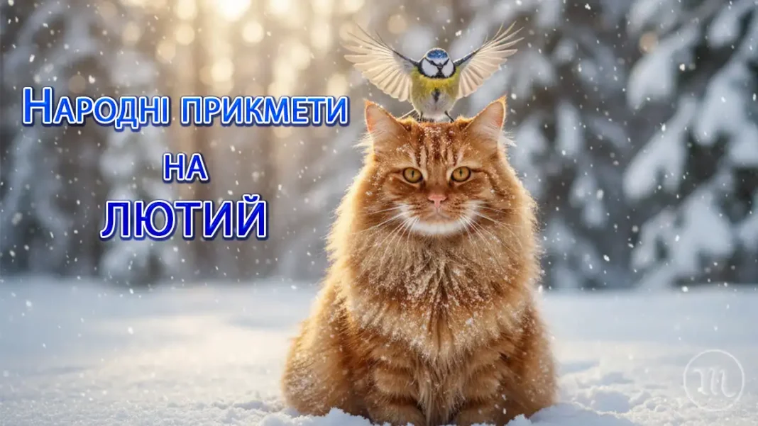 Народні Прикмети На Лютий 2026 Що Означають Природні Явища В Кінці Зими Та До Чого Готуватися Modista - Жіночий журнал Пухнастий рудий кіт у снігу з синицею на голові під час лютневої хуртовини.