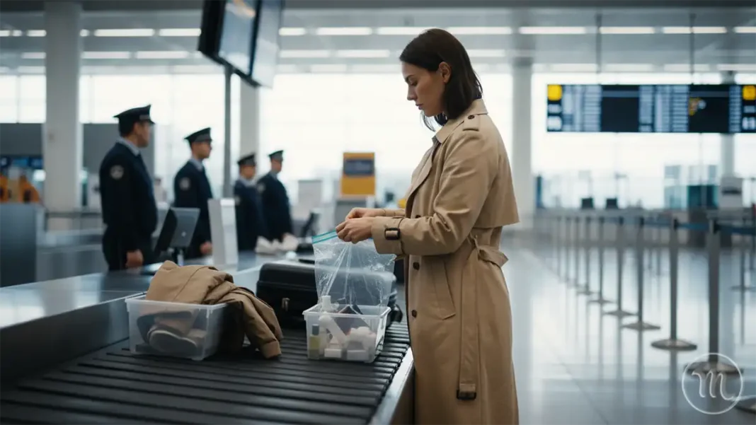 Туристам на замітку: щоб не мати неприємностей в аеропорту, переконайтеся, що у вашій сумці немає цієї забороненої речі Modista - Жіночий журнал Жінка в бежевому тренчі дістає косметичні засоби та прозорий пакет із речами біля стійки огляду в аеропорту.