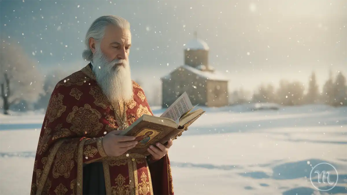 Ікона святого Григорія Богослова на фоні зимового пейзажу та храму.