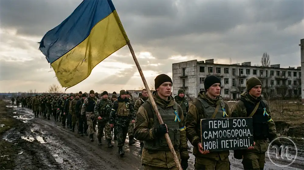 Історичне фото: перші 500 добровольців Самооборони Майдану на полігоні в Нових Петрівцях, 14 березня 2014 року, формують перший батальйон.