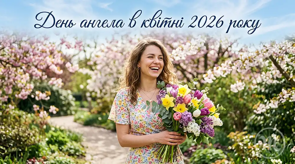 Особливі дати квітня 2026: як дізнатися, коли вітати з днем ангела за двома календарями? Modista - Жіночий журнал Усміхнена дівчина з букетом весняних тюльпанів у квітучому саду з написом про іменини у квітні.