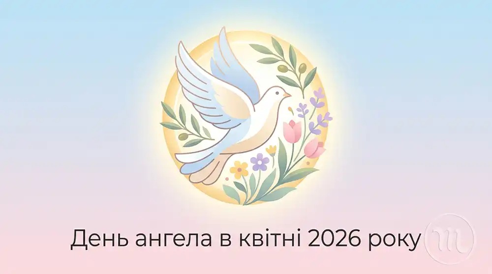 Особливі дати квітня 2026: як дізнатися, коли вітати з днем ангела за двома календарями? Modista - Жіночий журнал Мінімалістична весняна ілюстрація з голубом, квітами та елегантною назвою свята День ангела у квітні 2026 року.