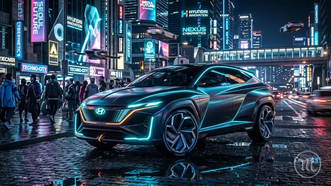 Hyundai Перевинаходить Автомобіль: Як Виглядатиме Транспорт Майбутнього Вже Сьогодні Modista - Жіночий журнал Футуристичний концепт-кар Hyundai на вулиці нічного мегаполіса.