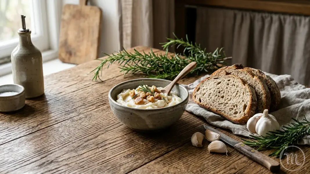 Цей Суперпродукт Має Бути На Вашій Кухні: Чому Експерти Радять Повернути Тваринні Жири В Раціон Modista - Жіночий журнал Смалець у керамічній мисці з хлібом та часником на дерев'яному столі.
