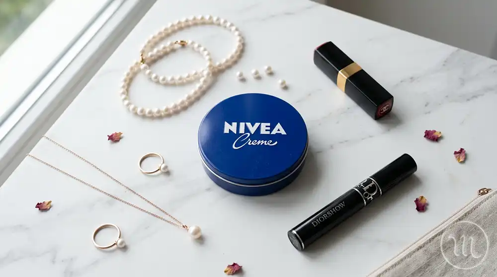 Іконічна синя баночка крему Nivea на мармуровому фоні з косметикою.