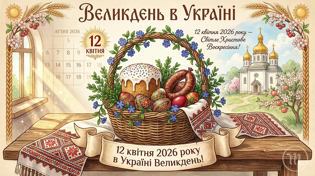 Український великодній кошик з паскою та писанками на вишитому рушнику у променях весняного сонця.