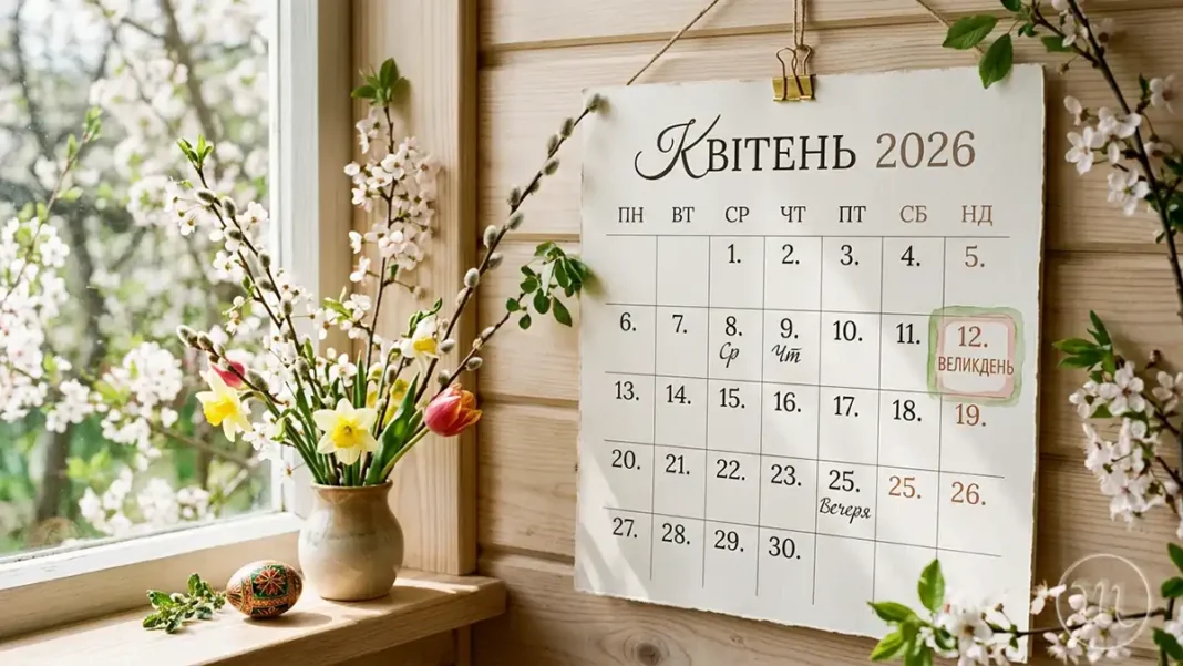 Квітень 2026: Повний Календар Свят, Вихідних та Важливих Подій в Україні Modista - Жіночий журнал Календар на квітень 2026 року з позначкою Великодня та весняними мотивами.