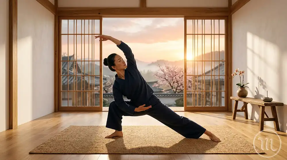 A person performing qigong exercises at dawn for longevity and health.