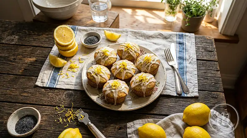 Lemon muffins without eggs with sugar glaze on a wooden table.