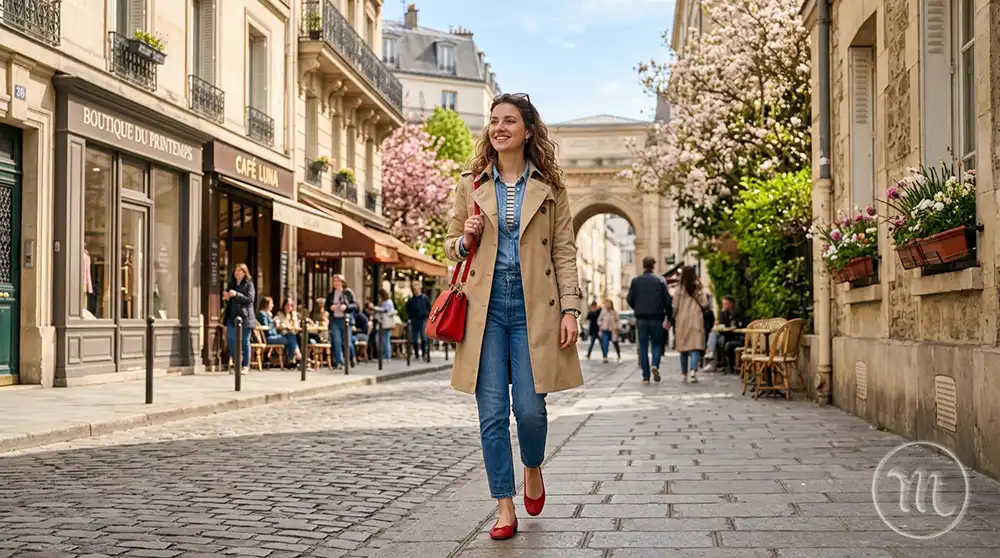 Woman in a beige trench coat, jeans, and with a red bag against the backdrop of a spring city.