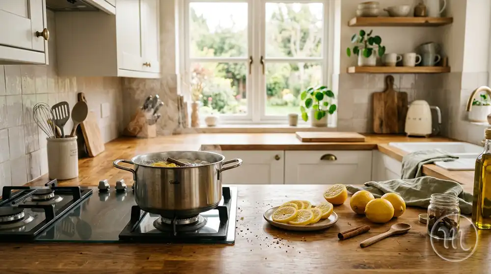 A pot with lemon on the stove to clean the air of kitchen smells.