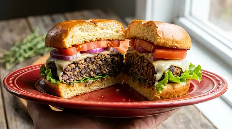 Finished vegetarian burger with bean patty on a wooden table.