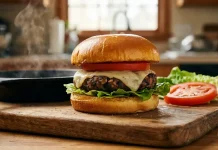 The Secret Ingredient That Makes This Plant-Based Burger Better Than Beef Готовий вегетаріанський бургер із квасолевою котлетою на дерев'яному столі.