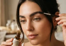 Дівчина наносить краплю олії на густі брови за допомогою щіточки.