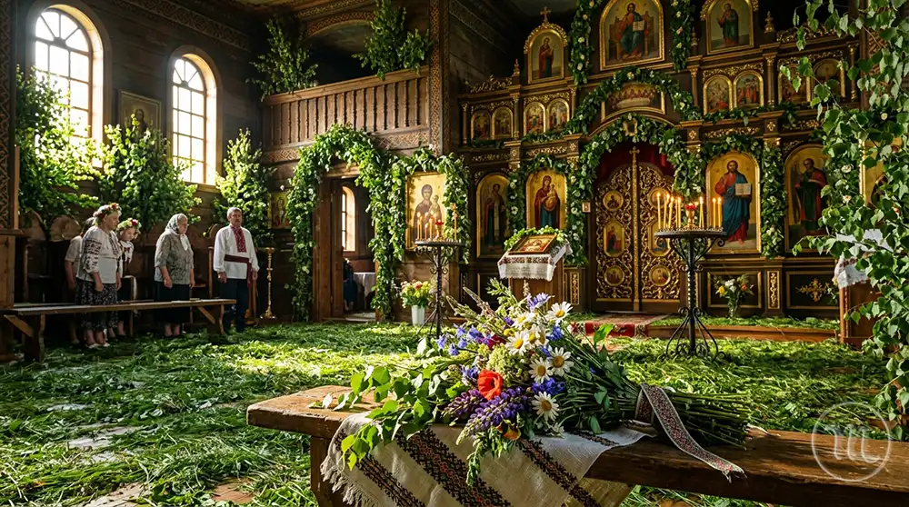 Інтер'єр церкви з зеленню та квітами на Зелені свята.