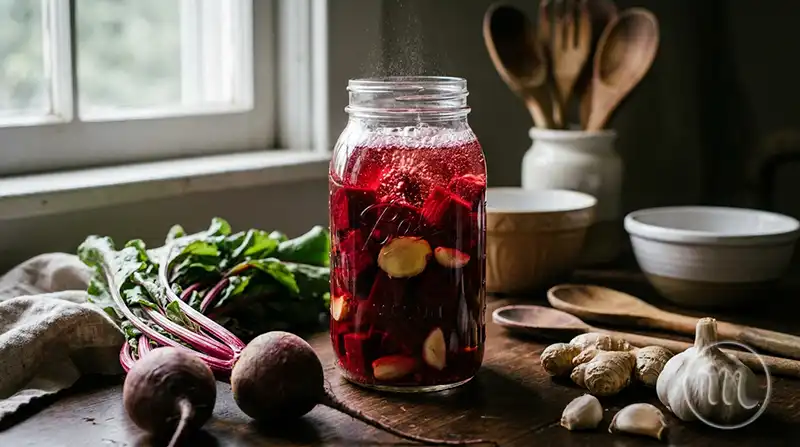 Fermentation process of beet kvass with ginger and garlic on a wooden table.