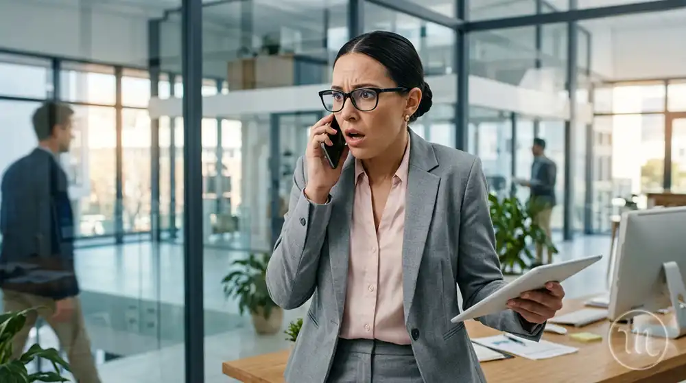Anxious businesswoman in glasses and a light suit talking on the phone, holding a tablet. Her face shows confusion and shock against the blurred interior of a modern office.