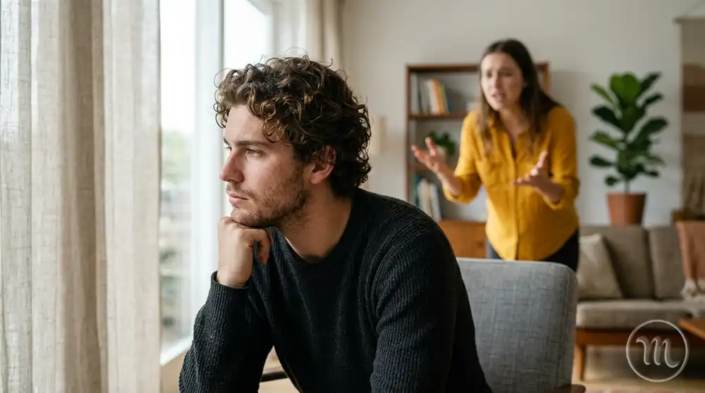Psychological photo of a young couple arguing at home: in the foreground, a clear image of a pensive curly-haired man turning away from a woman, while in the blurred background, a woman in a yellow shirt gestures actively, trying to get through to him during the argument.