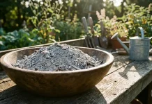 Деревна зола у дерев'яній мисці для підживлення рослин на городі.