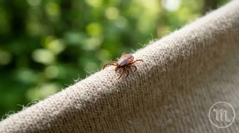 Tick crawling on light-colored fabric in the forest.