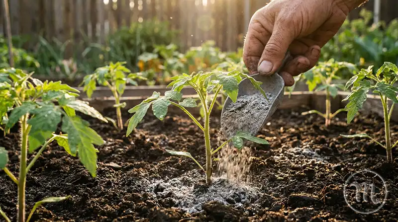 Feeding tomato seedlings with wood ash after transplanting into the open ground.