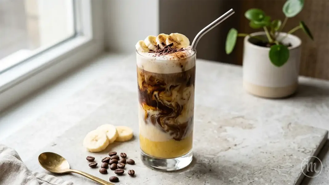 UA: Бананова Кава Рецепт | PL: Przepis na kawę bananową | EN: Banana Coffee Recipe UA: Трендова бананова кава у високій прозорій склянці на світлому столі | PL: Modna kawa bananowa w wysokiej przezroczystej szklance na lekkim stole | EN: Trendy banana coffee in a tall transparent glass on a light table