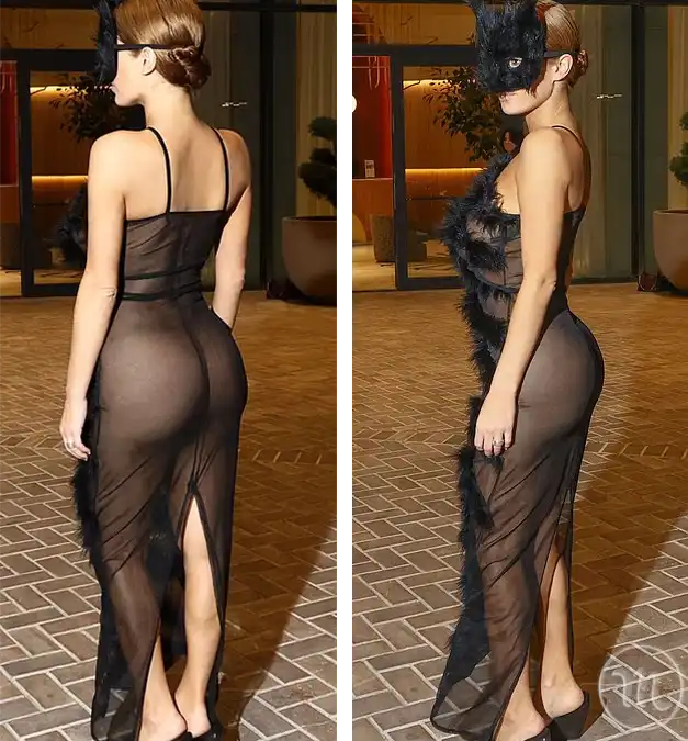 A Wild Night Out: Bianca Censori Goes Completely Braless in a Jaw-Dropping Sheer Getup and a Furry Headpiece on an Intimate Date Night with Kanye West MODISTA Close up of Bianca Censori wearing a plush black cat mask over her face on a date.