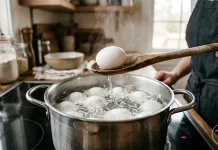 UA: Процес варіння курячих яєць у каструлі на кухні. | PL: Proces gotowania jaj kurzych w rondlu w kuchni. | EN: The process of cooking chicken eggs in a saucepan in the kitchen.
