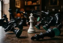 The Power of Total Inertia: The One Unexpected Psychological Habit That Instantly Defuses Any Argument UA: Біла шахова фігура стоїть нерухомо посеред розмитих у русі чорних фігур. | PL: Biała figura szachowa stoi nieruchomo pośrodku zamazanych ruchem czarnych figur. | EN: A white chess piece stands motionless in the middle of motion-blurred black pieces.