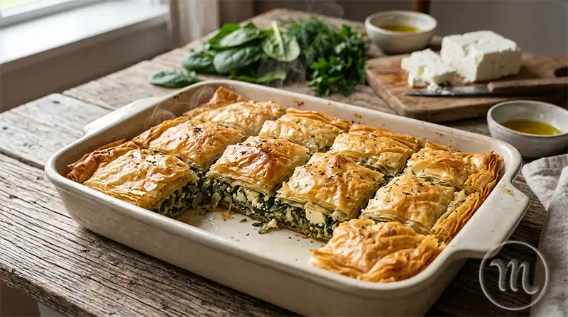 Traditional Greek spanakopita pie with spinach and feta cheese in a baking dish.