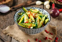 Огірки по-корейськи: ця легка закуска з маринадом зникне зі столу найпершою Приготовані огірки по-корейськи з кунжутом і чилі в глибокій скляній мисці на столі.