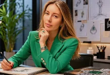 Ukrainian jewelry designer and gemologist Valentyna Zhytnyk wearing a green blazer, sitting at her workshop desk and sketching a high jewelry piece in New York.