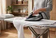 The One Household Staple That Will Make Your Ironing Marathon a Thing of the Past UA: Процес прасування речей через щільну захисну тканину на дошці. | PL: Proces prasowania rzeczy przez gęstą tkaninę ochronną na desce. | EN: The process of ironing things through a dense protective fabric on a board.
