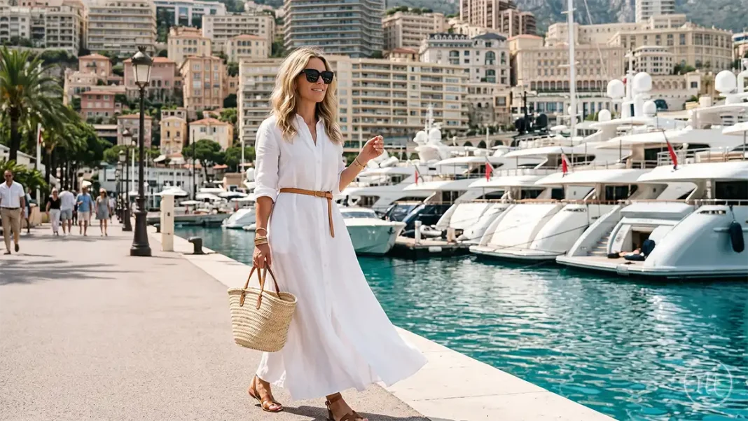 UA: Сукня-Сорочка Максі З Льоном На Літо 2026 | PL: Koszula Maxi Z Lnu Na Lato 2026 | EN: Maxi Dress Shirt With Linen For Summer 2026 UA: Жінка у білій лляній сукні-сорочці максі з плетеною сумкою у Монако. | PL: Kobieta w białej lnianej sukni maxi z tkaną torbą w Monako. | EN: A woman in a white linen maxi dress with a woven bag in Monaco.