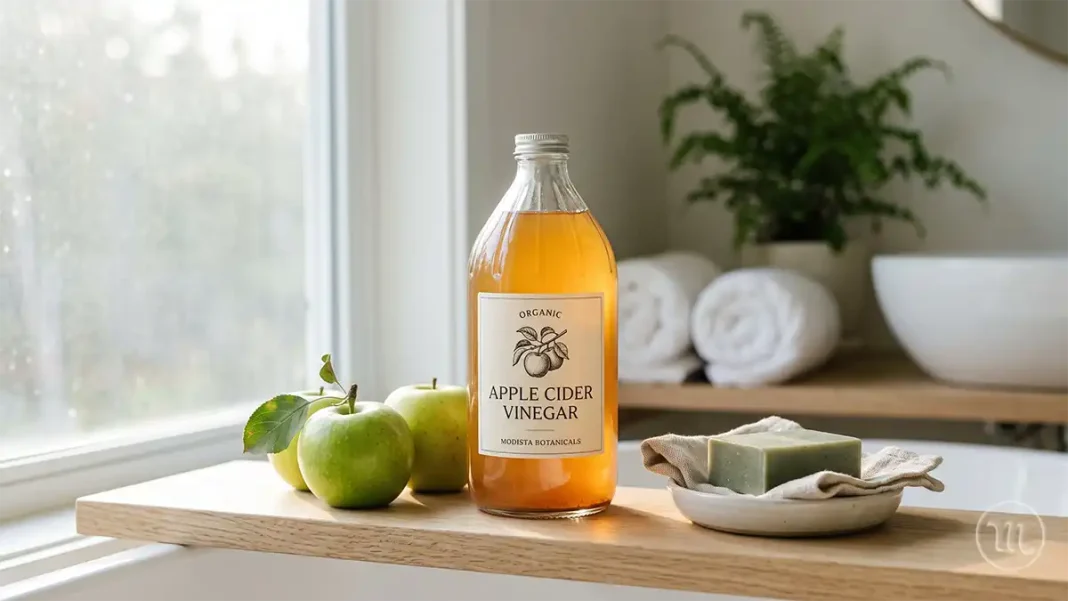 UA: Як Використовувати Оцет Для Волосся | PL: Jak używać octu do włosów | EN: How to Use Vinegar for Hair UA: Прозора скляна пляшка з яблучним оцтом стоїть на світлій поличці у ванній кімнаті поруч із зеленими яблуками. | PL: Przezroczysta szklana butelka octu jabłkowego stoi na jasnej półce w łazience obok zielonych jabłek. | EN: A clear glass bottle of apple cider vinegar sits on a light-colored bathroom shelf next to green apples.
