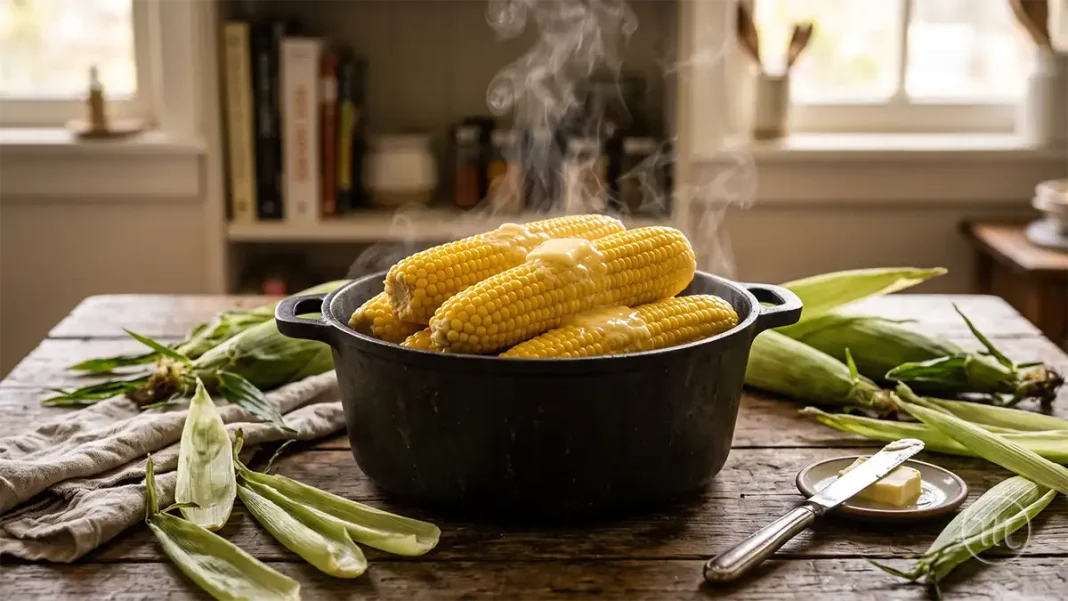 UA: Як Смачно Зварити Кукурудзу В Качанах | PL: Jak pysznie ugotować kukurydzę w kolbie | EN: How to Cook Corn on the Cob Deliciously UA: Гарячі варені качани цукрової кукурудзи у глибокій каструлі із залишками зеленого листя та шматочком вершкового масла, що повільно тане зверху. | PL: Gotowane na gorąco kolby kukurydzy cukrowej w głębokim garnku z resztkami zielonych liści i łyżką masła powoli topiącego się na wierzchu. | EN: Hot boiled sweet corn cobs in a deep pot with leftover green leaves and a dollop of butter slowly melting on top.
