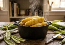 UA: Гарячі варені качани цукрової кукурудзи у глибокій каструлі із залишками зеленого листя та шматочком вершкового масла, що повільно тане зверху. | PL: Gotowane na gorąco kolby kukurydzy cukrowej w głębokim garnku z resztkami zielonych liści i łyżką masła powoli topiącego się na wierzchu. | EN: Hot boiled sweet corn cobs in a deep pot with leftover green leaves and a dollop of butter slowly melting on top.