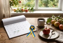 Відкритий календар на серпневі дні з кавою та синьо-жовтою стрічкою на дерев'яному столі
