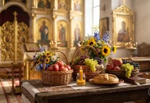 Свіжі яблука та квіти на дерев'яному столі в церковному інтер'єрі з м'яким ранковим світлом.