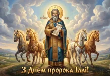 Пророк Ілля на тлі літньої грози та золотих полів із вітальним написом З Днем пророка Іллі.