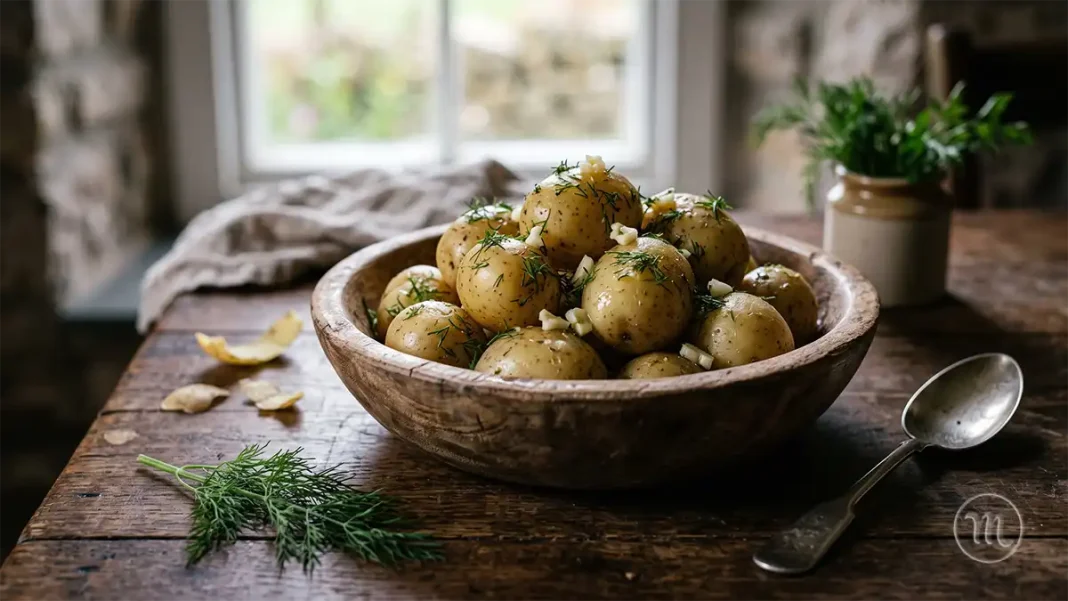 UA: Чи Потрібно Чистити Молоду Картоплю | PL: Czy musisz czyścić młode ziemniaki? | EN: Do you need to clean young potatoes? UA: Молода картопля з зеленню та часником у дерев'яній мисці на кухні | PL: Młode ziemniaki z zieleniną i czosnkiem w drewnianej misce w kuchni | EN: New potatoes with greens and garlic in a wooden bowl in the kitchen