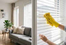 Forget Warping and Streaks: How to Clean Window Blinds Right on the Frame Without the Hassle UA: Людина в гумовій рукавичці протирає горизонтальні жалюзі мікрофібровою серветкою | PL: Mężczyzna w gumowej rękawiczce wyciera żaluzje poziome ściereczką z mikrofibry | EN: A man in a rubber glove wipes horizontal blinds with a microfiber cloth