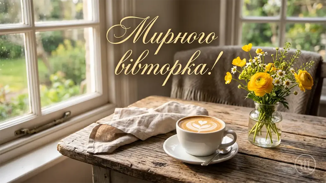 Заряд позитиву на весь день: як одне коротке повідомлення у вівторок змінює робочий настрій Чашка гарячої кави з парою на дерев'яному столі у сонячному світлі