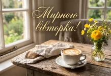 Чашка гарячої кави з парою на дерев'яному столі у сонячному світлі