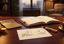 Робоче місце фінансиста з блокнотом, кавою, калькулятором та квітами на дерев'яному столі