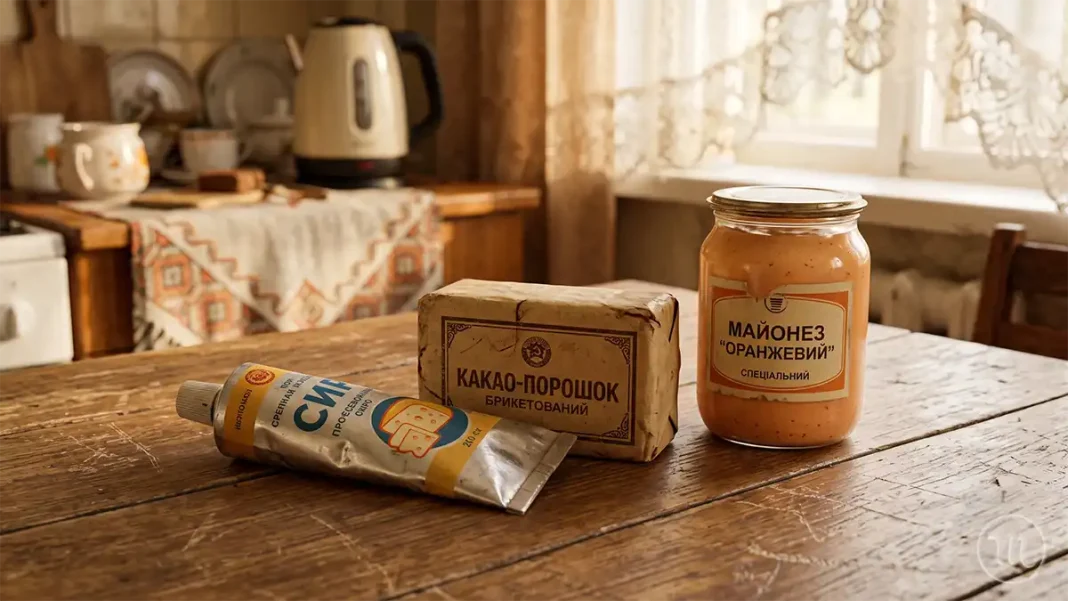 Дивні продукти радянських часів, які сьогодні викликають лише шок Ретро-стіл із радянськими продуктами: металевий тюбик сиру, сухий брикет какао та банка незвичного майонезу.