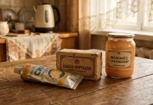 Ретро-стіл із радянськими продуктами: металевий тюбик сиру, сухий брикет какао та банка незвичного майонезу.